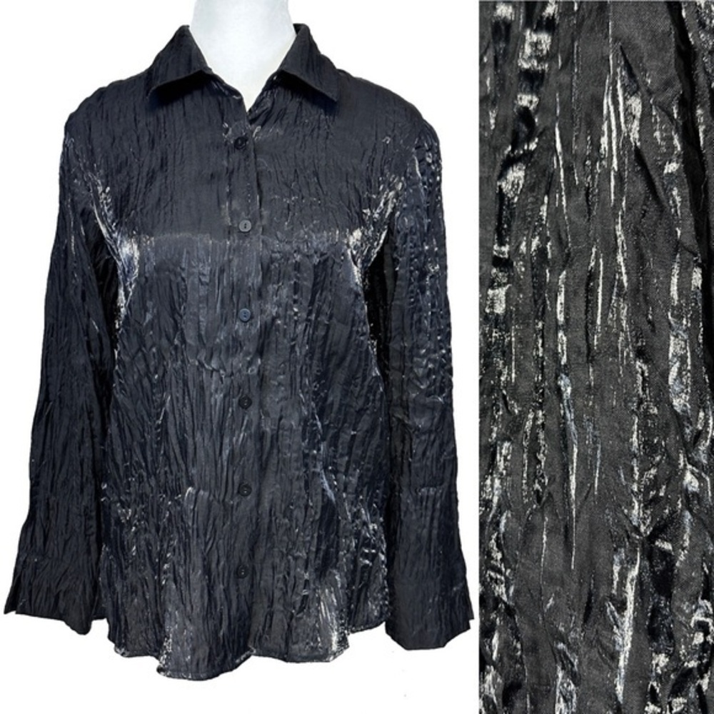 JM Collection Black Pleated Shiny Button Up Top Shimmer Event Whimsygoth Sz 6